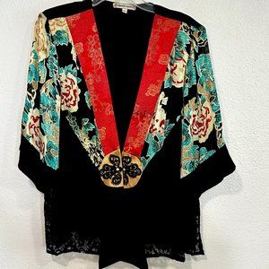 Vintage Spencer Alexis Kimono Top Silk Blend Lace Black MultiColor Floral Size L